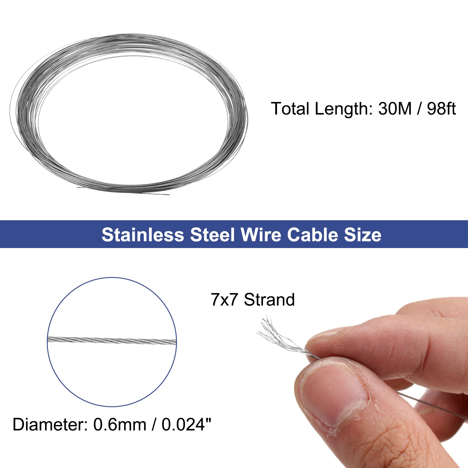 0.024″ (0.6mm) 98ft (30M) 304 Stainless Steel Cable Wire Rope 7 x 7 Strands
