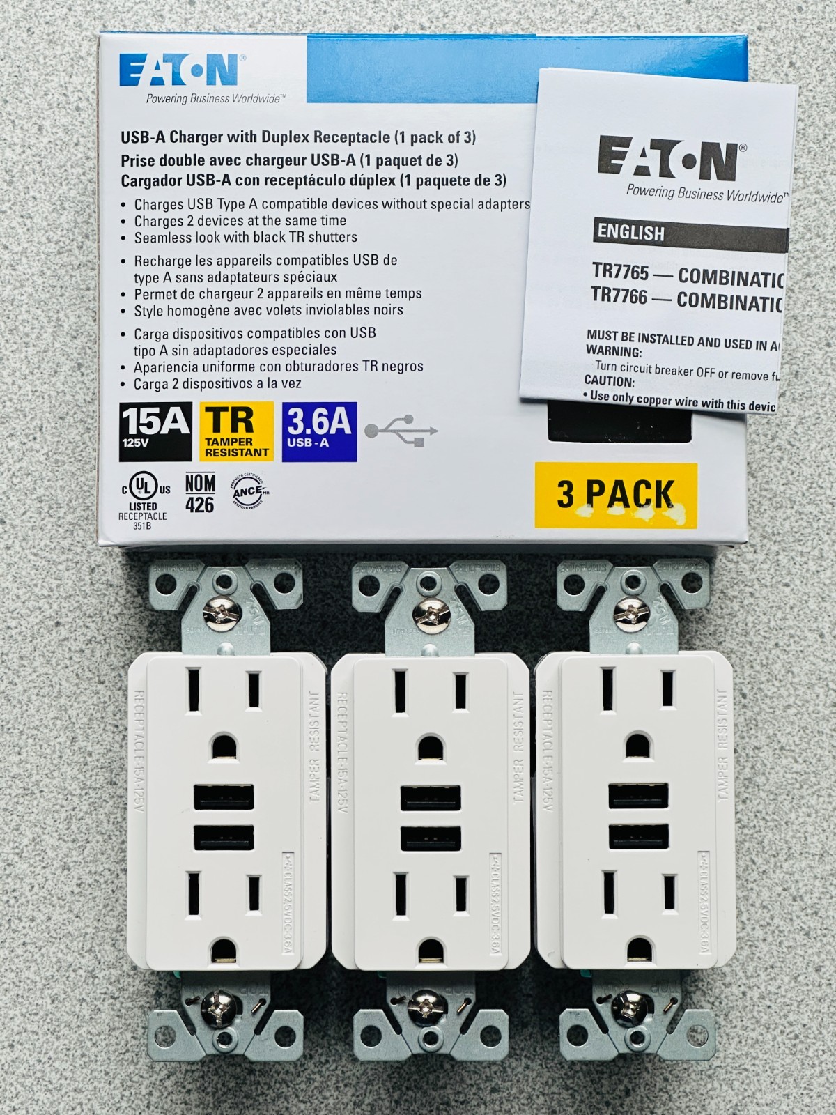 NEW 3 Pack Eaton TR7765W Dual USB-A Charger Duplex Receptacle 15A White TR LOT