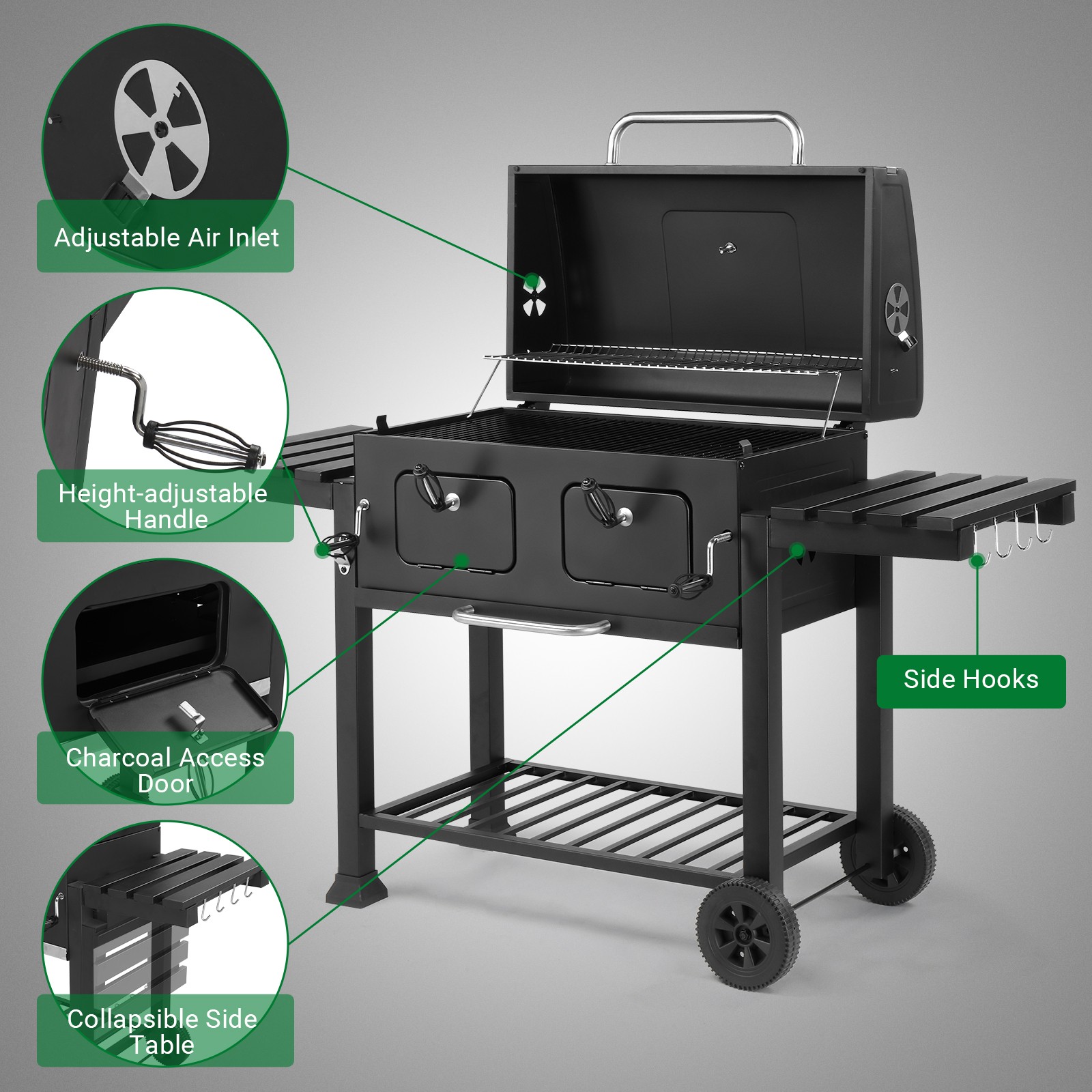Outdoor Garden Heavy-Duty Oversize Charcoal Grill Liftable Barbecue Backyard