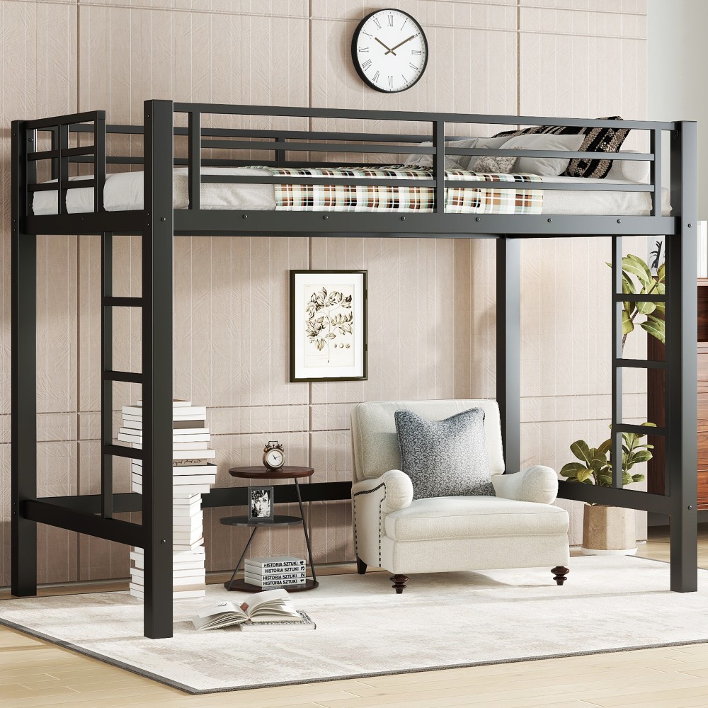 Full Queen Metal Loft Bed Frame with Safety Guardrails & Ladder for Teens Adults