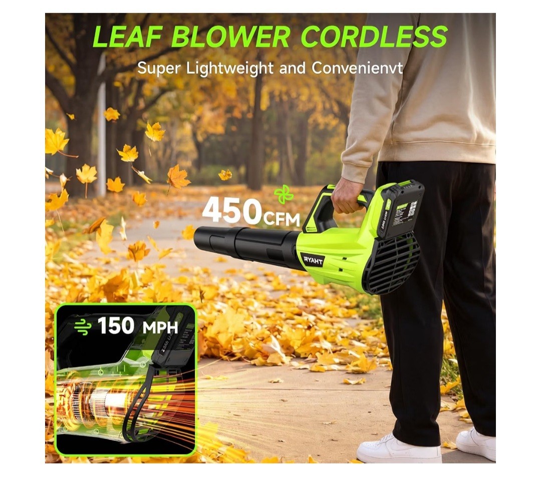 RYAHT 20V Cordless Leaf Blower Kit 450 CFM 150 MPH w/2 Batteries Charger