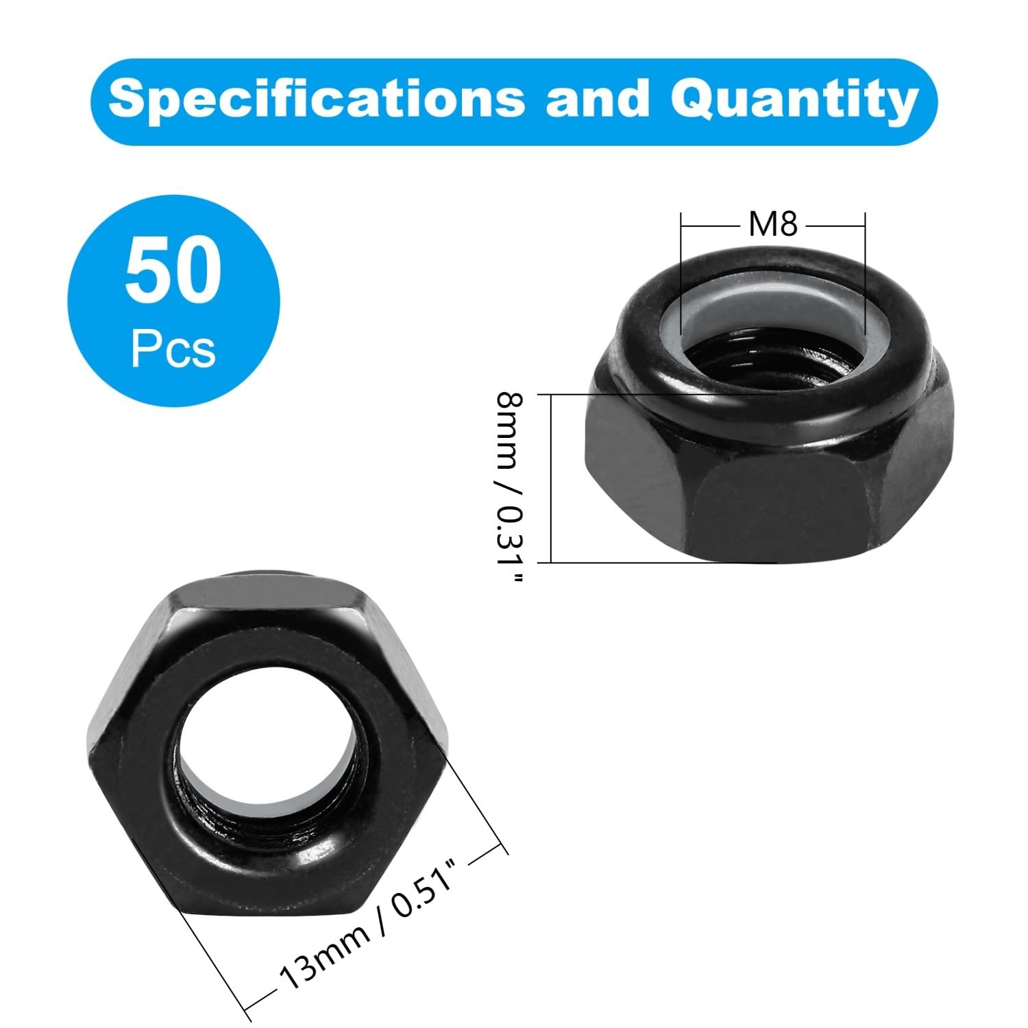 Yinpecly 50Pcs M8 x 1.25mm Nylon Insert Hex Lock Nuts Carbon M8; 50pcs, Black