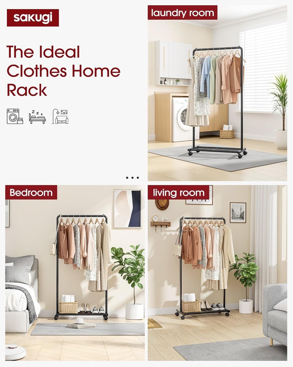Compact Heavy-Duty Clothing Rack with Movable Shelves & Casters – 28×16.9×59