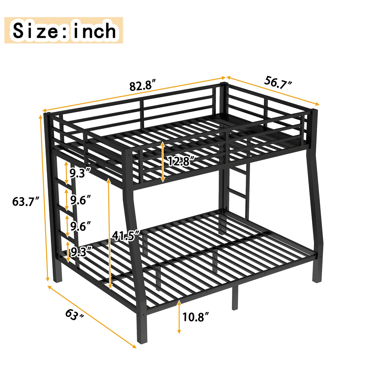 Metal Full XL over Queen Bunk Bed W/Ladder For Teens Adults Space-Saving Black