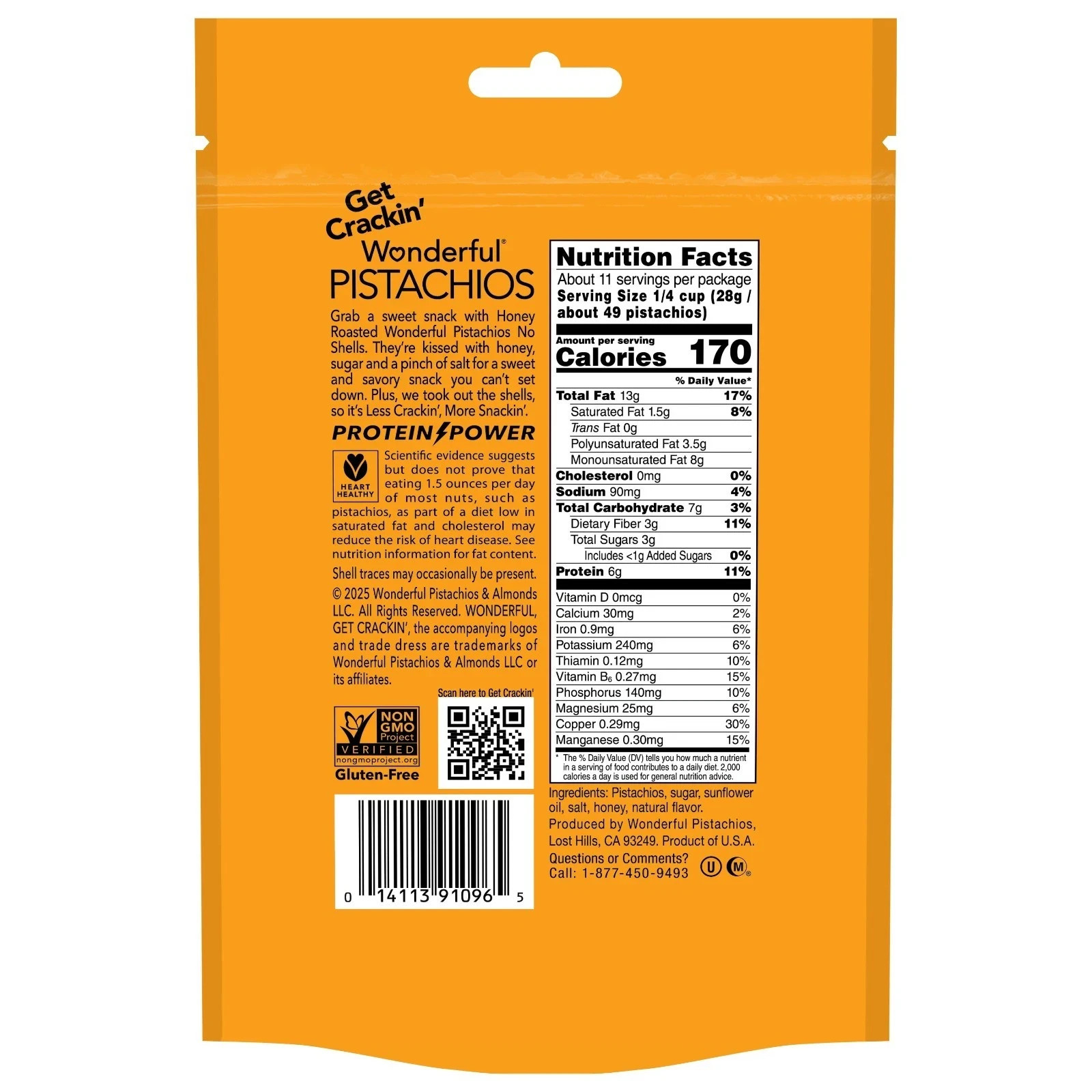 Wonderful Pistachios No Shells Honey Roasted Nuts, 11 Ounce Bag.