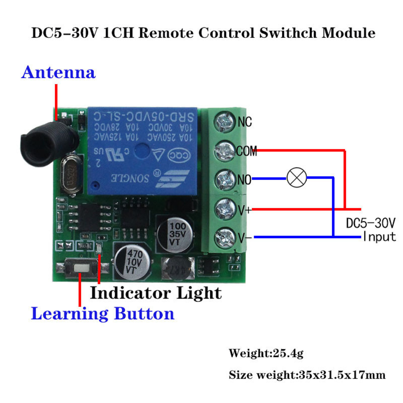 433Mhz DC5-30V 1CH Universal Wireless Remote Control Switch Relay Receiver Kit G