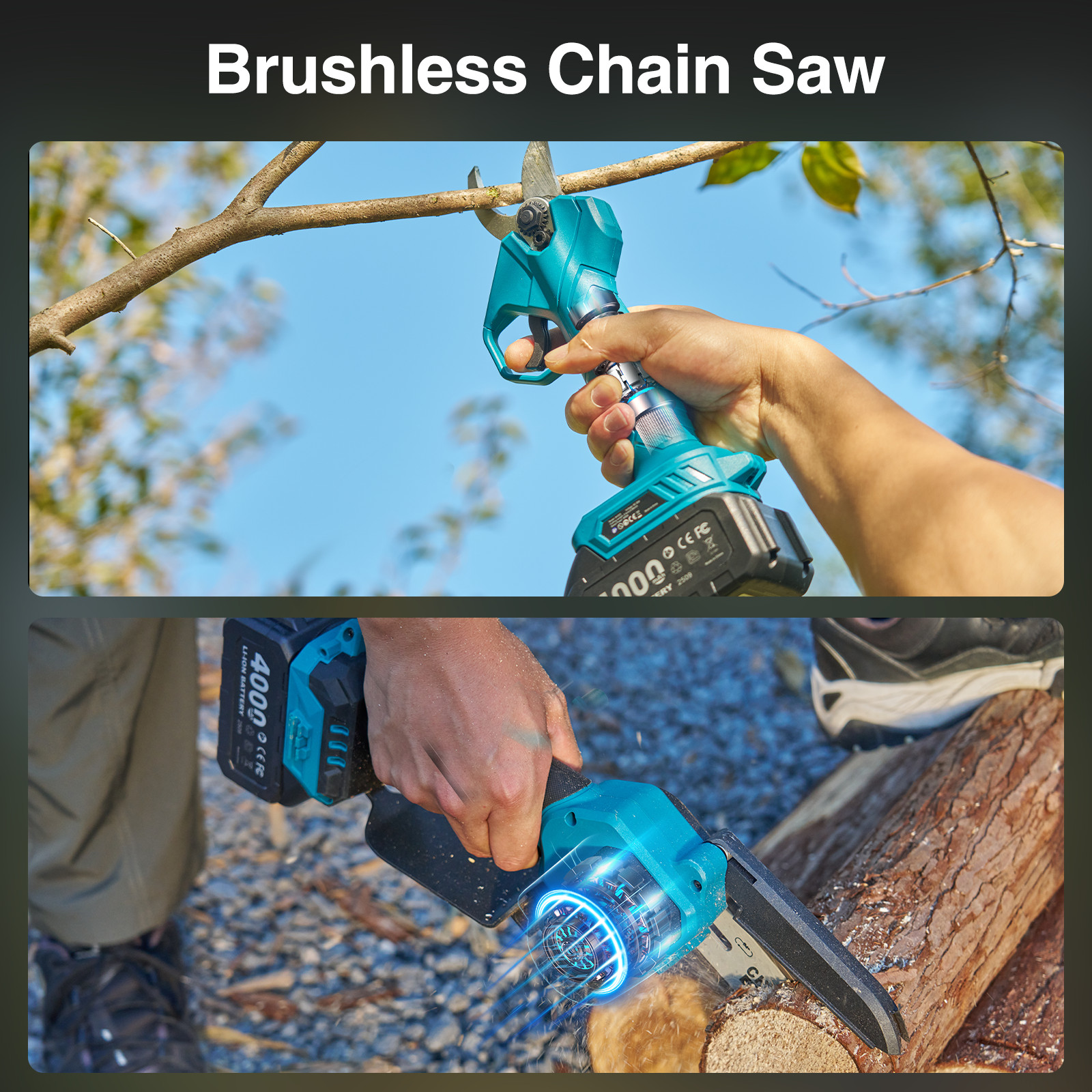 Taskstar 4-in-1 Cordless Pole Saw Brushless& Pruning Shears 6 Inch Mini Chainsaw