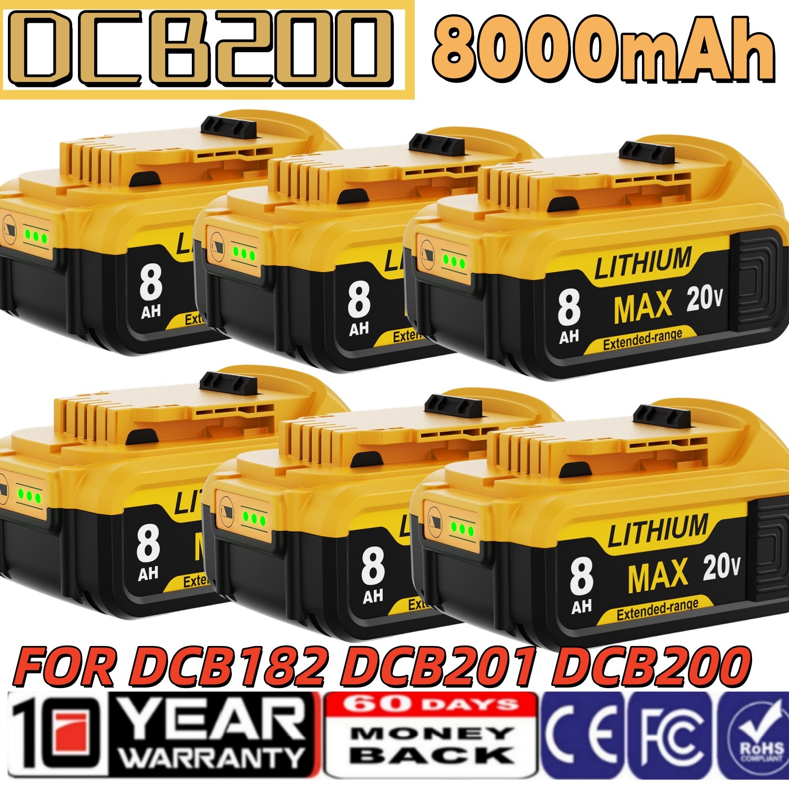 1~10PCS 8000mAh For DeWalt 20Volt Max LithiumIon Battery DCB205-2 DCB201-2