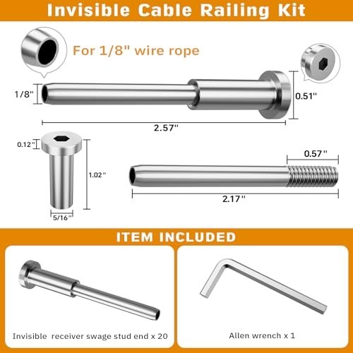 Invisible Cable Railing Kit – 20 Pack 1/8″ T316 Stainless Steel Invisible Receiv
