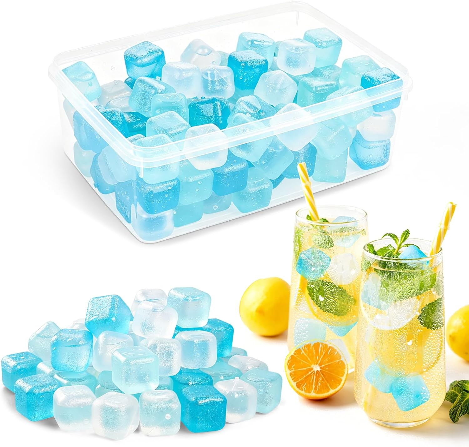 100 Pack Reusable Ice Cubes with Storage Box, Refreezable Plastic Ice Cubes for