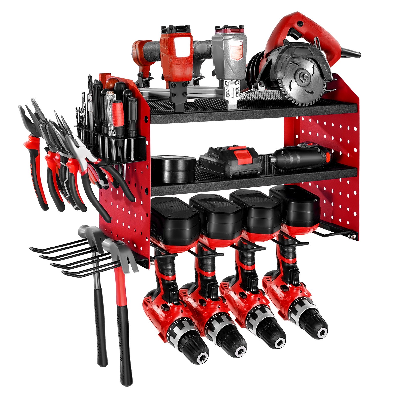 VEVOR Power Tool Organizer Wall Mount 3-Layer Drill Storage Rack 4 Drill Holders