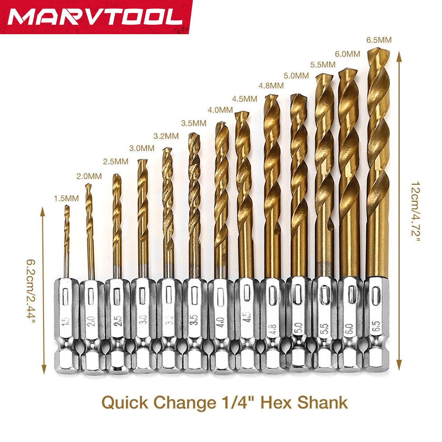 Marvtool Drill Bit 13Pcs HSS Titanium Coated Twist Drill Set Hex Shank 1/4″