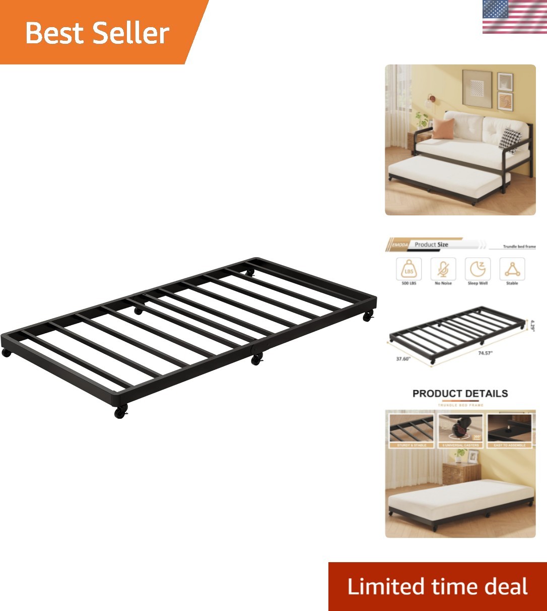 Trundle Bed Twin with 6 Lockable Casters, Roll Out Twin Trundle Bed Frame wit…