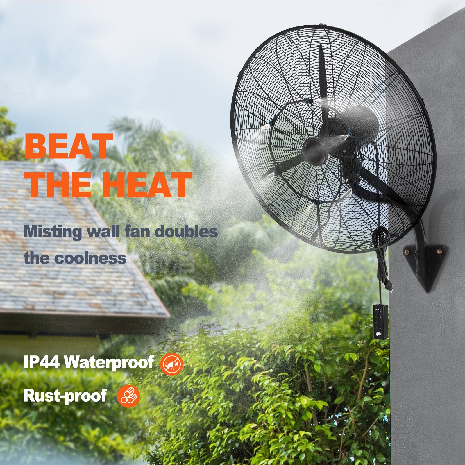 VEVOR Wall Mount Fan 24″ Misting Fan Oscillating Metal Fan Waterproof 3 Speed