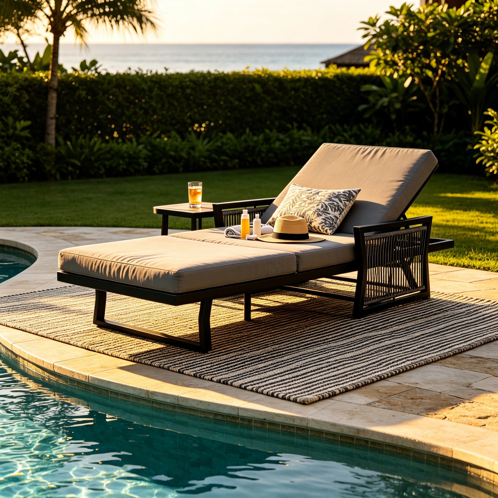 All-Black Chaise Lounge with 4″ Thick Dark Grey Cushion, 400 LBS Capacity