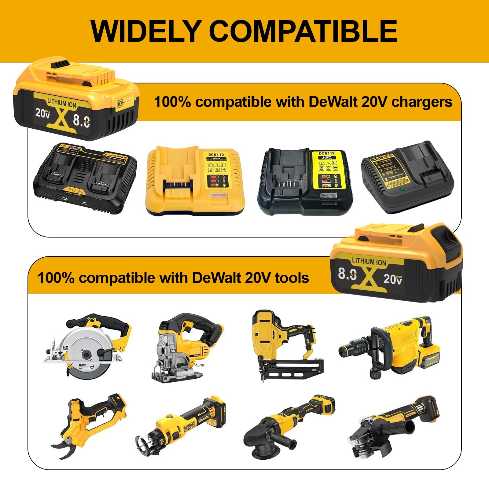 2Pack Lithium Battery for DeWalt MAX XR 8.0Ah 20V DCB200 DCB206 DCB201 DCB203