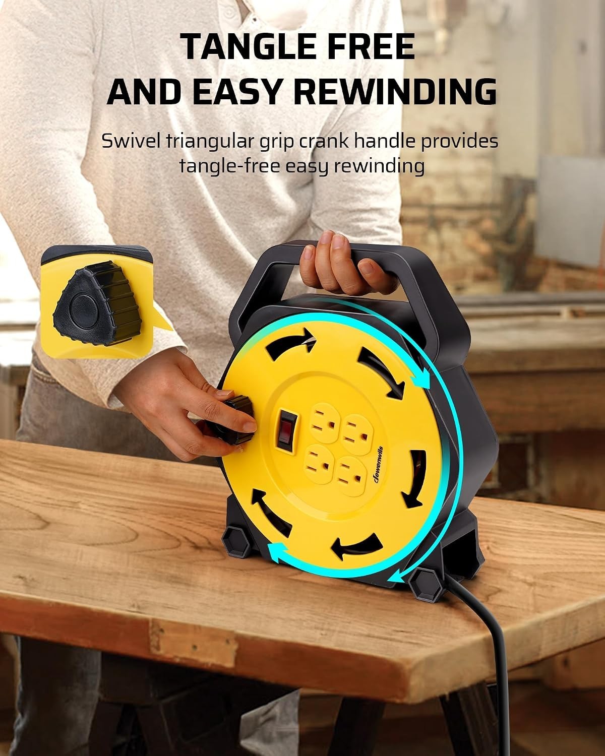 25FT Retractable Extension Cord Reel with 4 Grounded Outlets – Portable & Safe