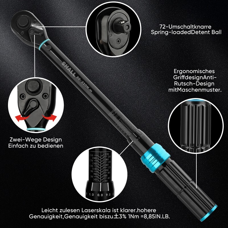 SHALL 1/4″ 3/8″1/2″ Torque Wrench Set,2-220Nm Dual Direction Adjustable 72 Tooth