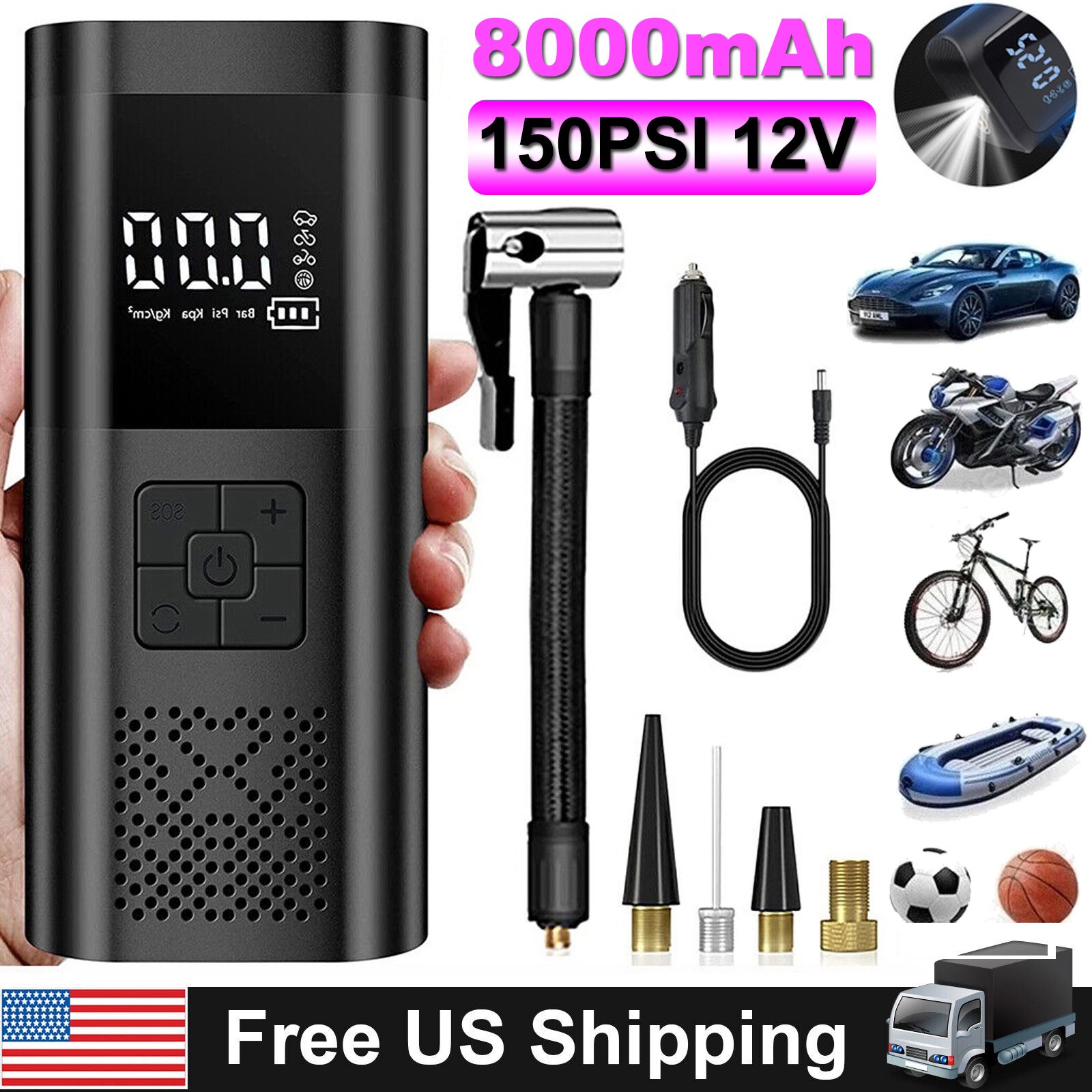 150 PSI Air Compressor Tire Inflator Fits Car Moto Bike Tires Air Pump Cordless