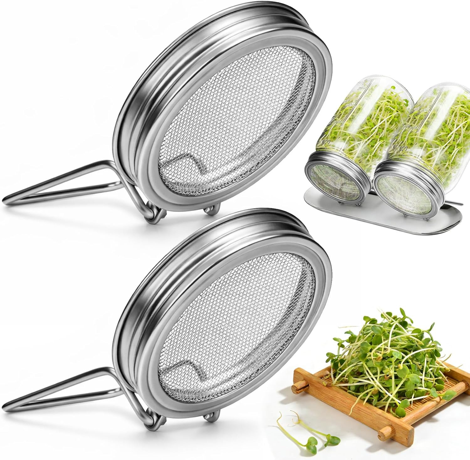 Sprouting Kit with Stainless Steel Screen Sprouting Lids & Glass Mason Jars & Li