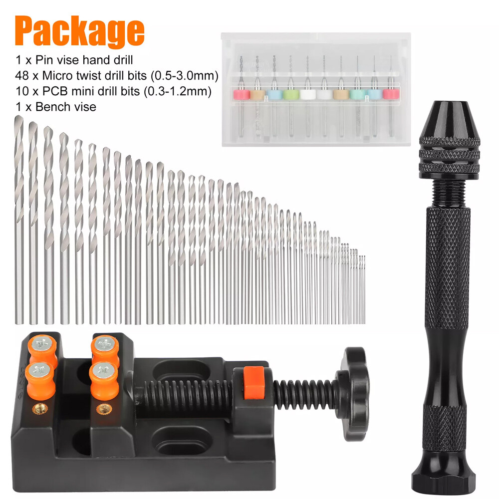 60X Mini Micro Hand Drill Bits Set Small Manual Keyless Chuck Pin Vise Rotary