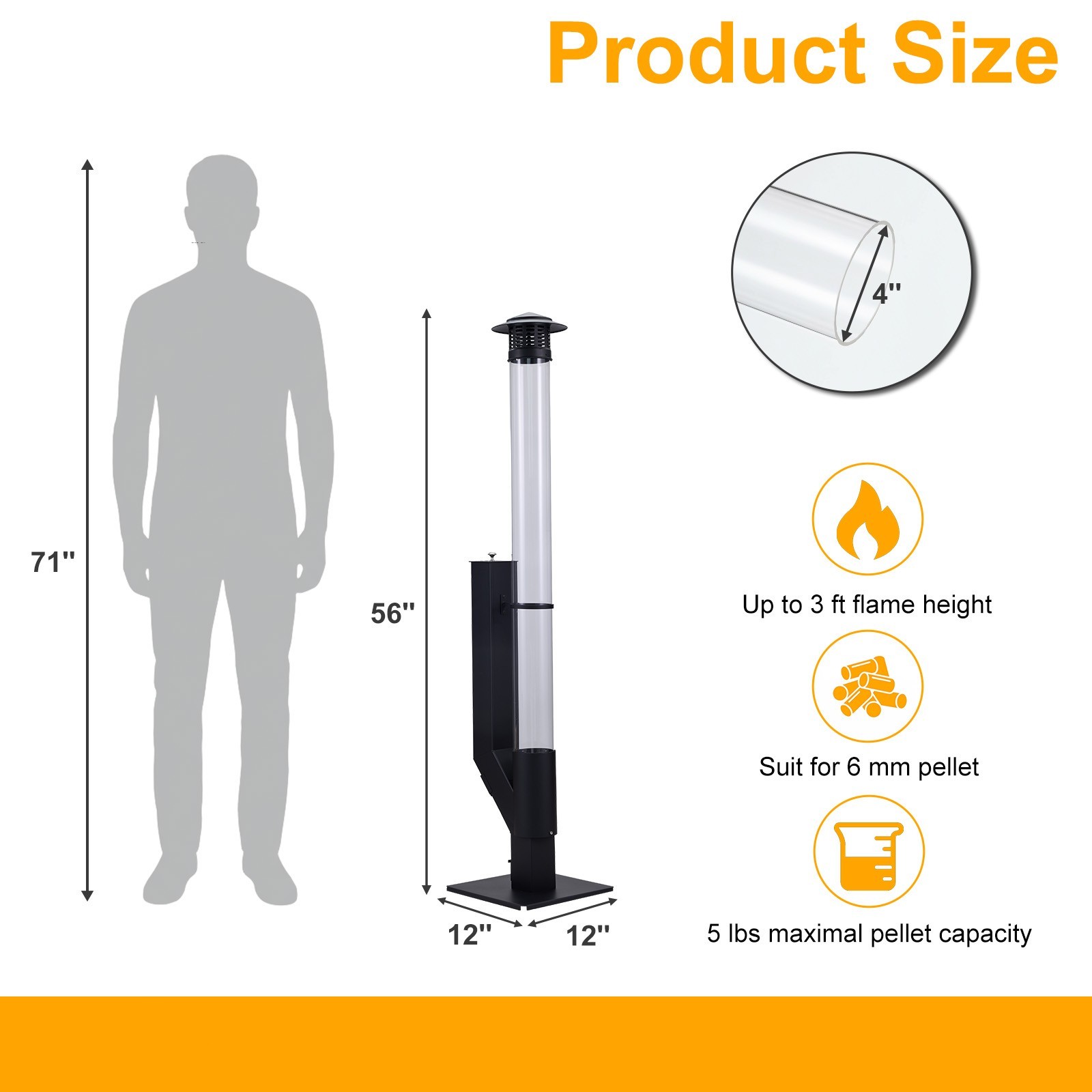 56 Inch Patio Pellet Heater Outdoor Smokeless Portable Wood Pellet Burning Flame