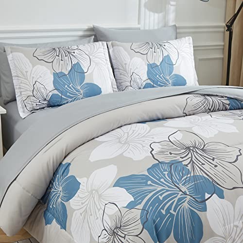 King Comforter Set 7 Piece Blue Floral Grey Bedding Microfiber All Seasons