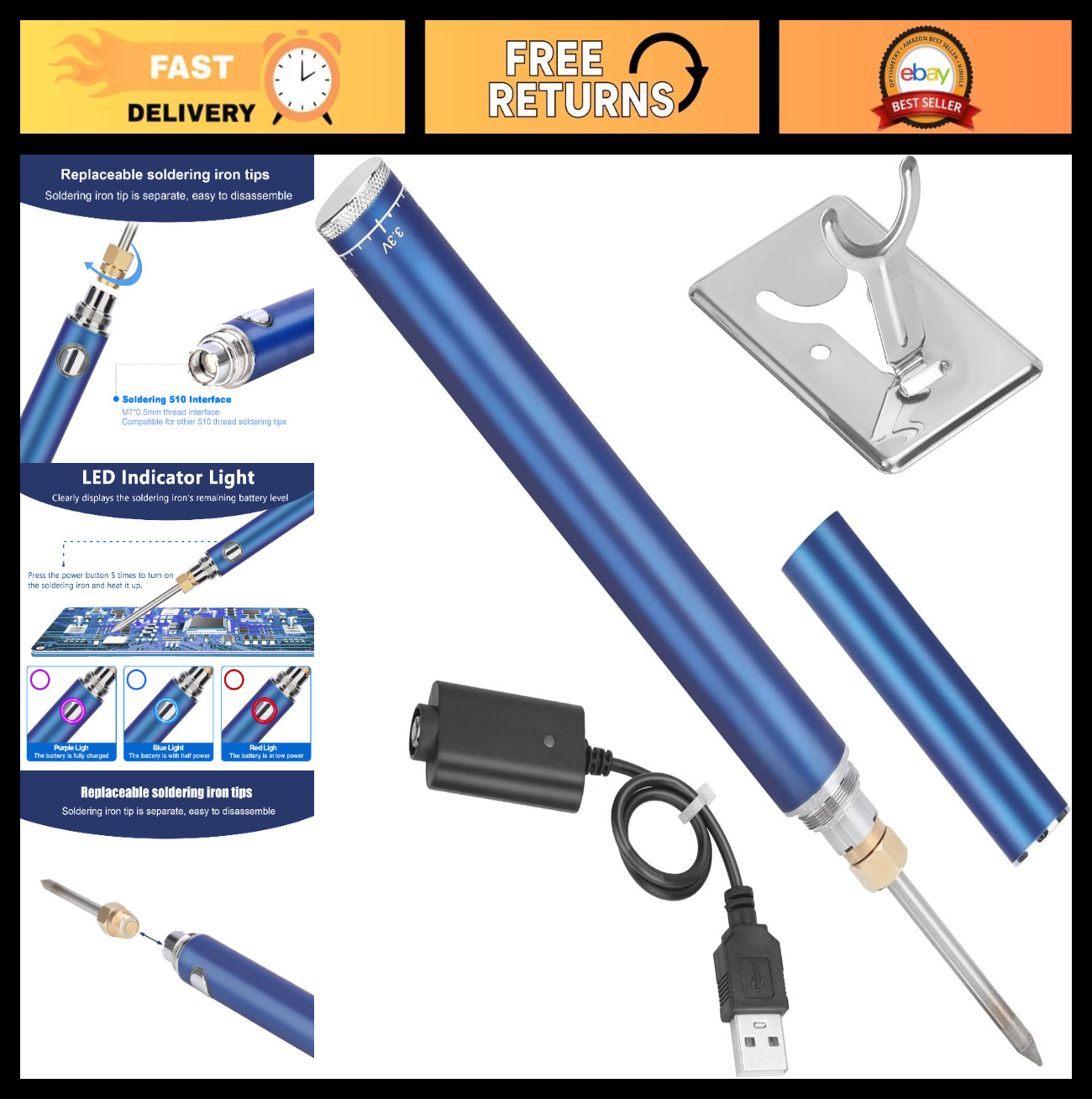 Cordless Soldering Iron Kit – Adjustable Temp, Rechargeable 1100mAh Battery, DIY