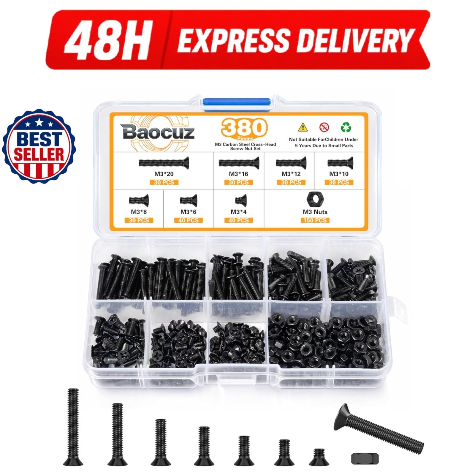 380 Pcs M3 Black Flat Head Machine Screws & Hex Nuts Kit Carbon Steel