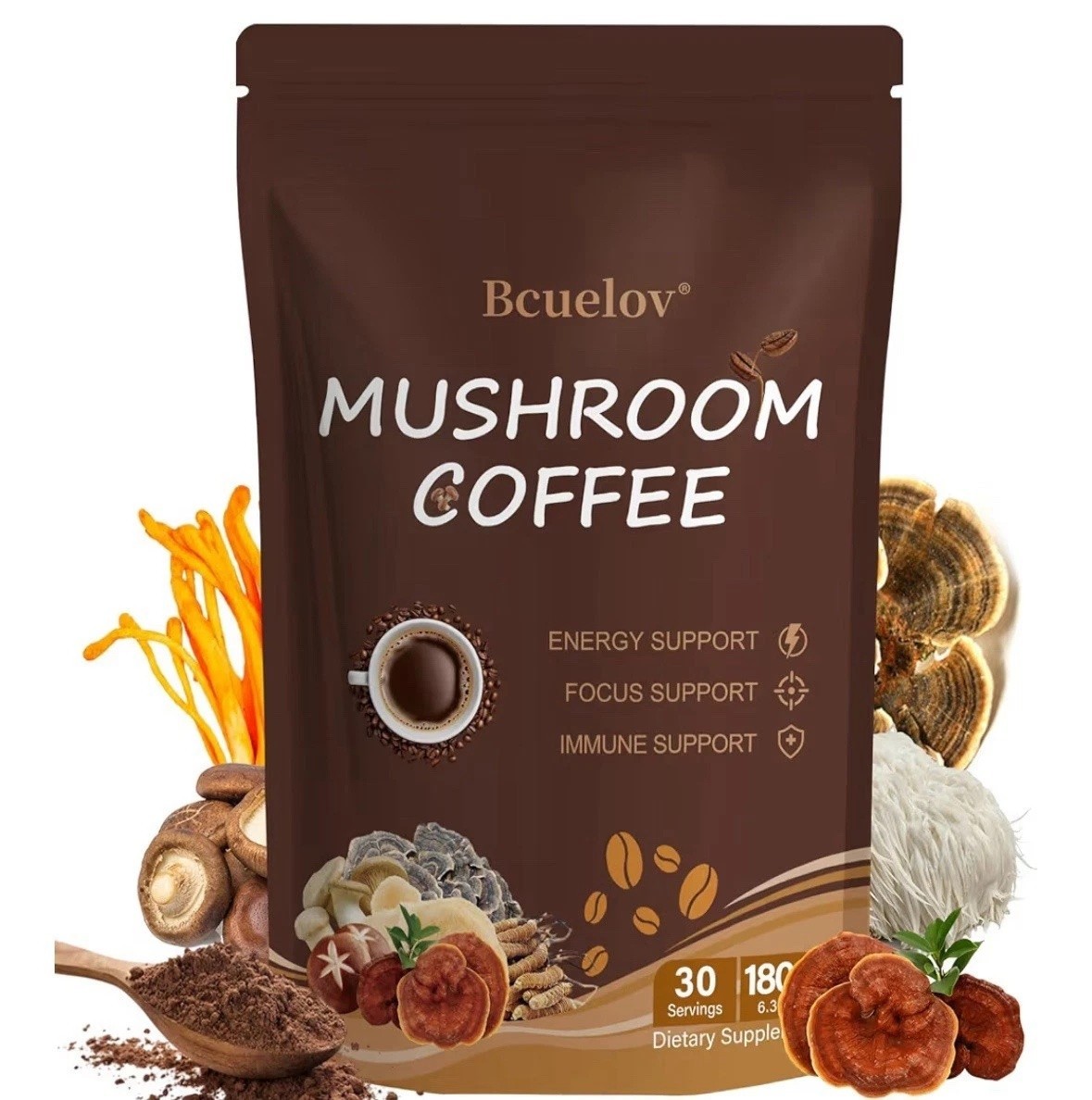 Organic Mushroom Coffee 30 Servings – 6 Mushroom Blend for Focus & Energy