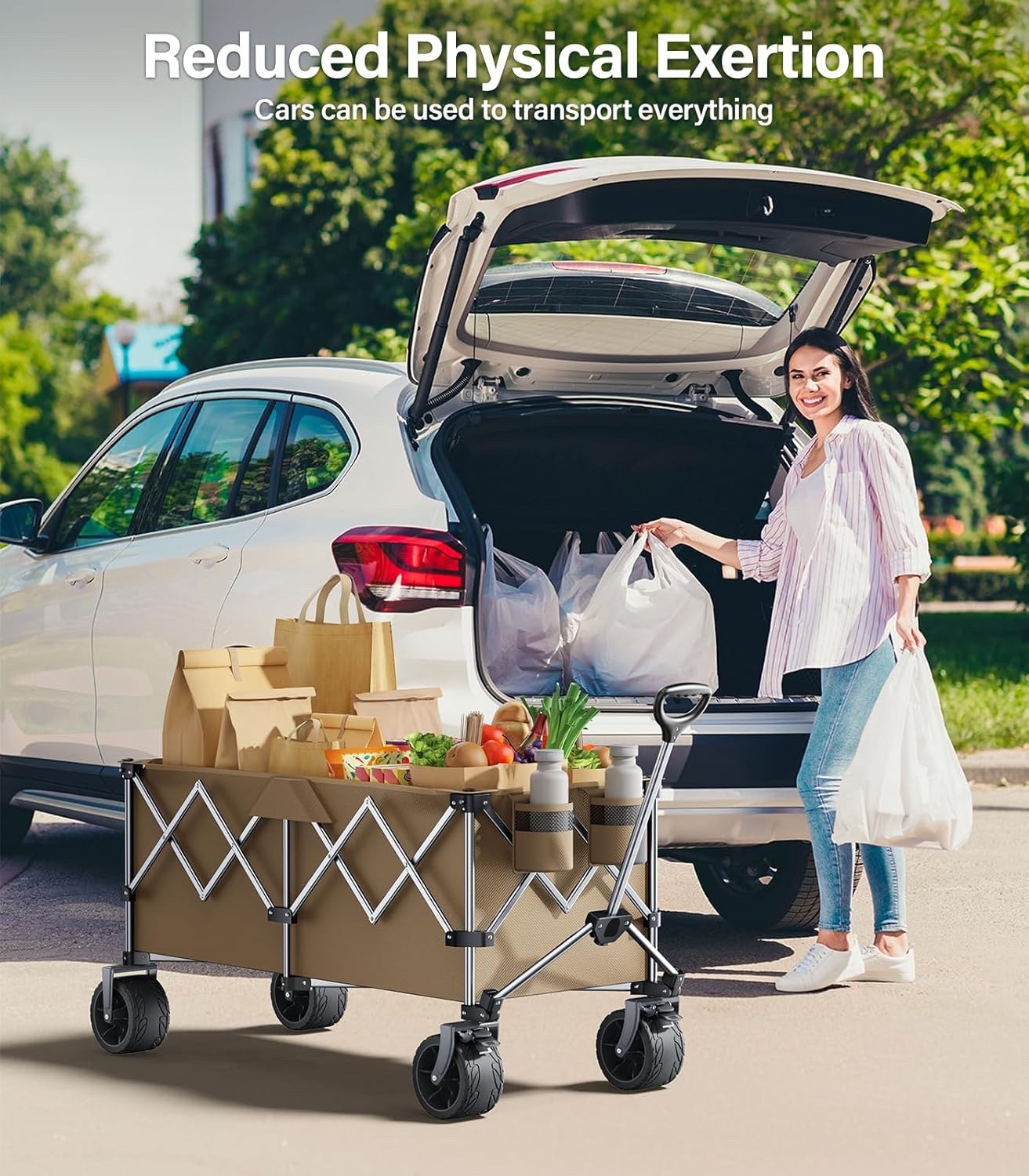 Heavy Duty Collapsible Folding Wagon Beach Wagon Cart Utility Grocery Cart-Brown