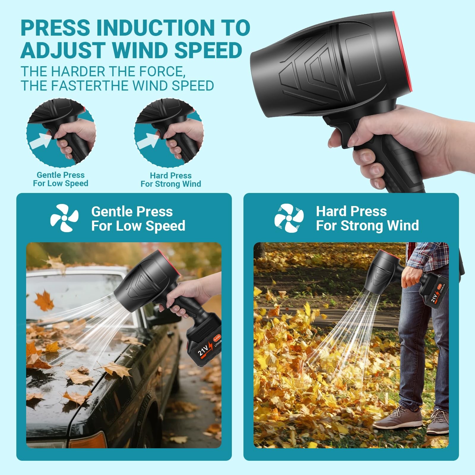 Cordless Leaf Blower Powerful Handheld 2x21V Batteries Lightweight Lawn Care