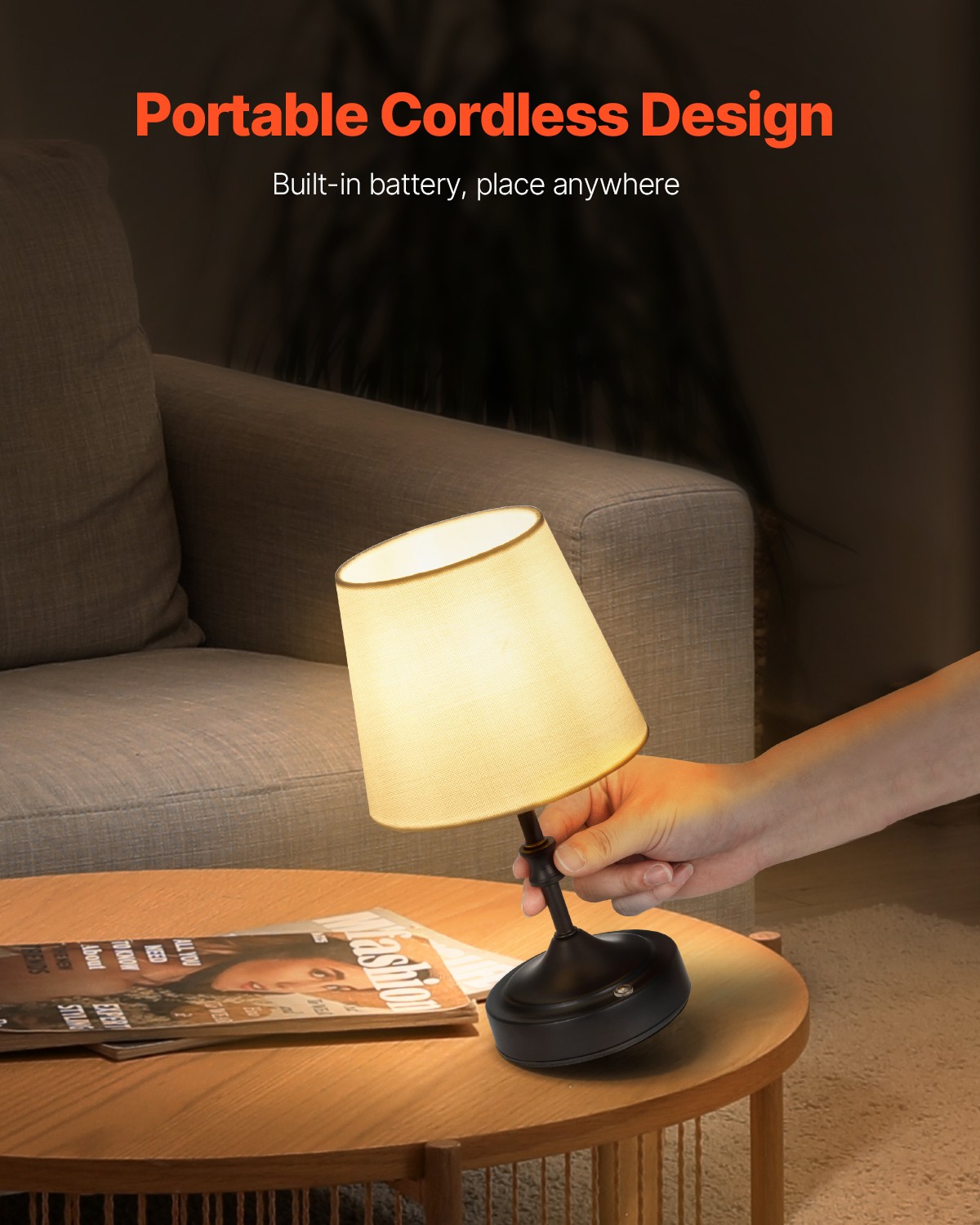 VEVOR Cordless Table Lamp Rechargeable Battery Small Desk Lamp Fabric Shade