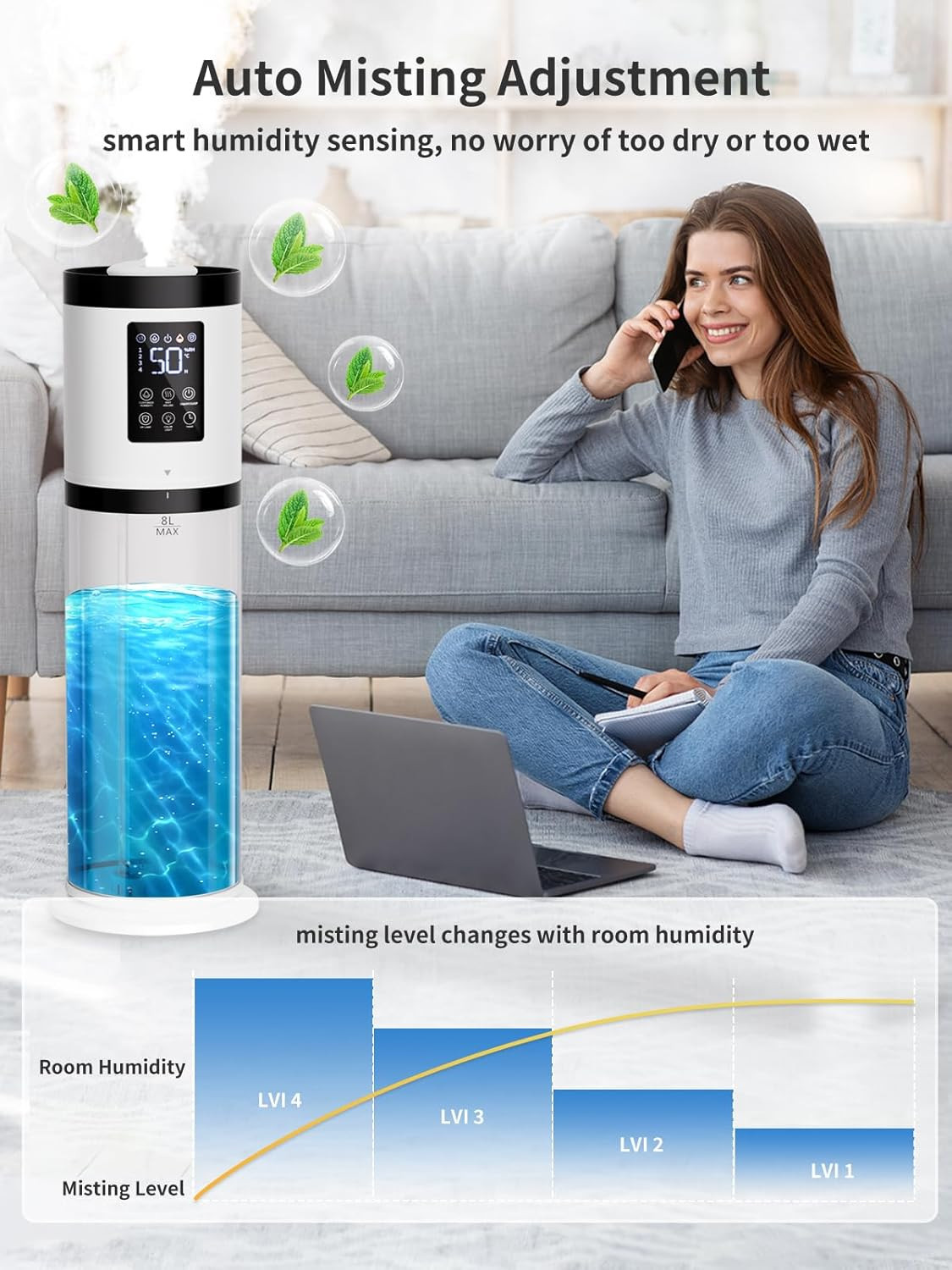 8L Humidifiers for Bedroom, 30Db Quiet, 500Ft² Coverage, 60H Runtime, Top Fill,