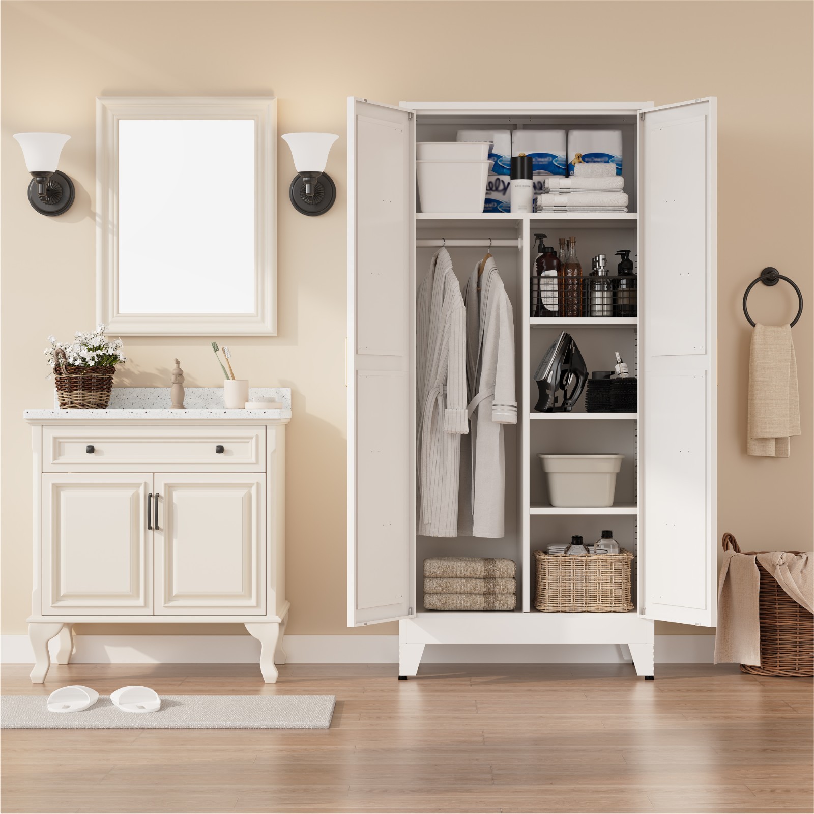 71″ White Metal Cabinet w/Doors/Shelves, for Bathroom, Living Rm, Storage