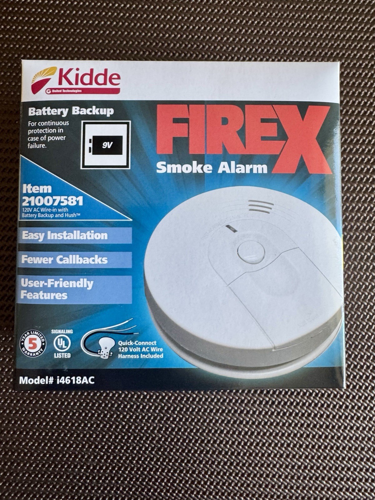 Kidde Firex Detector 120v Hardwired Smoke Alarm With 9V Battery BackUp I4618AC
