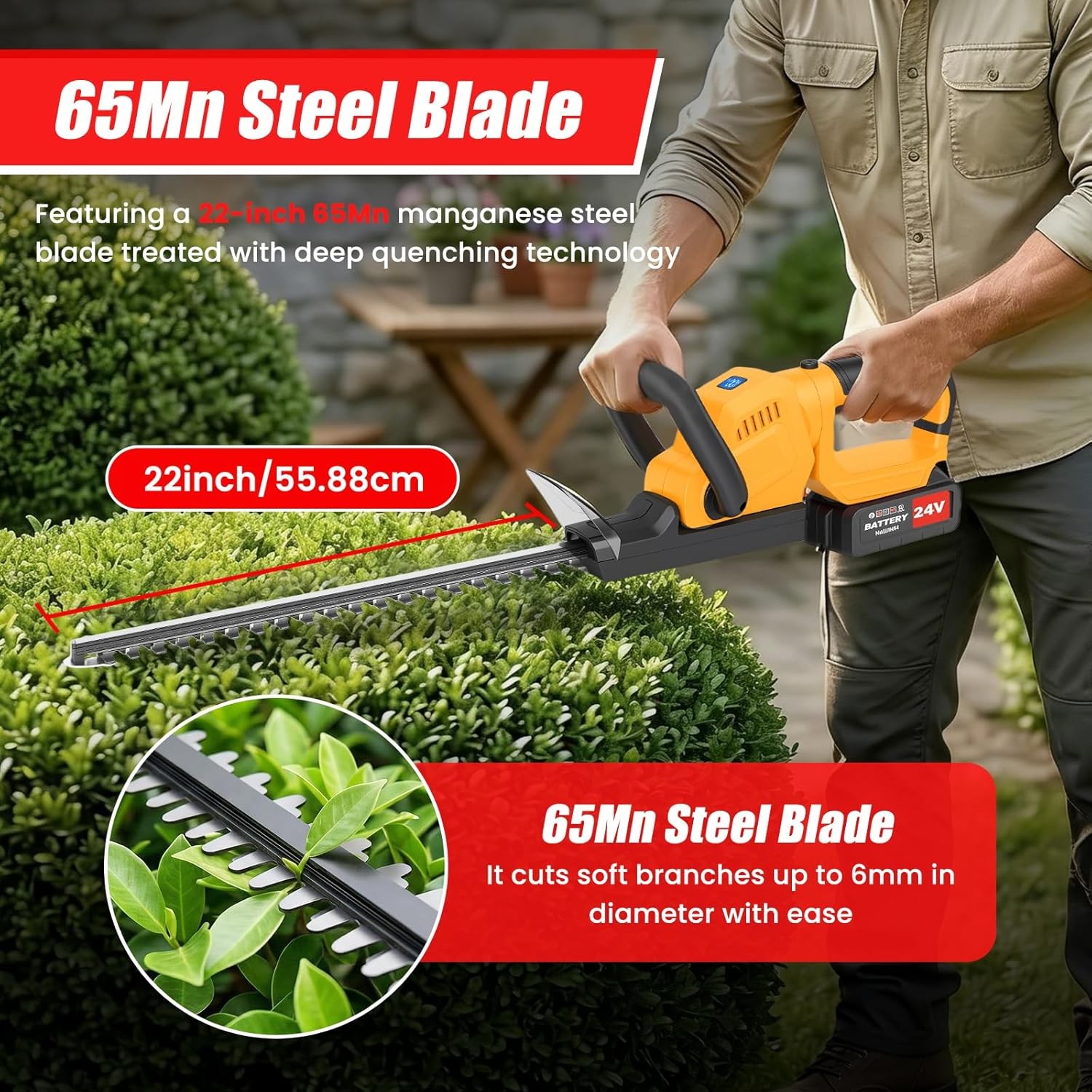 22Inch Cordless Hedge Trimmer Cordless Electric Hedge Trimmer w/2* 24V Battery