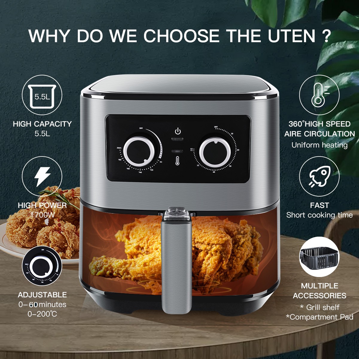 1700W Air Fryer 5.5L Oil Free Low Fat Healthy Cooker Oven Kitchen Frying