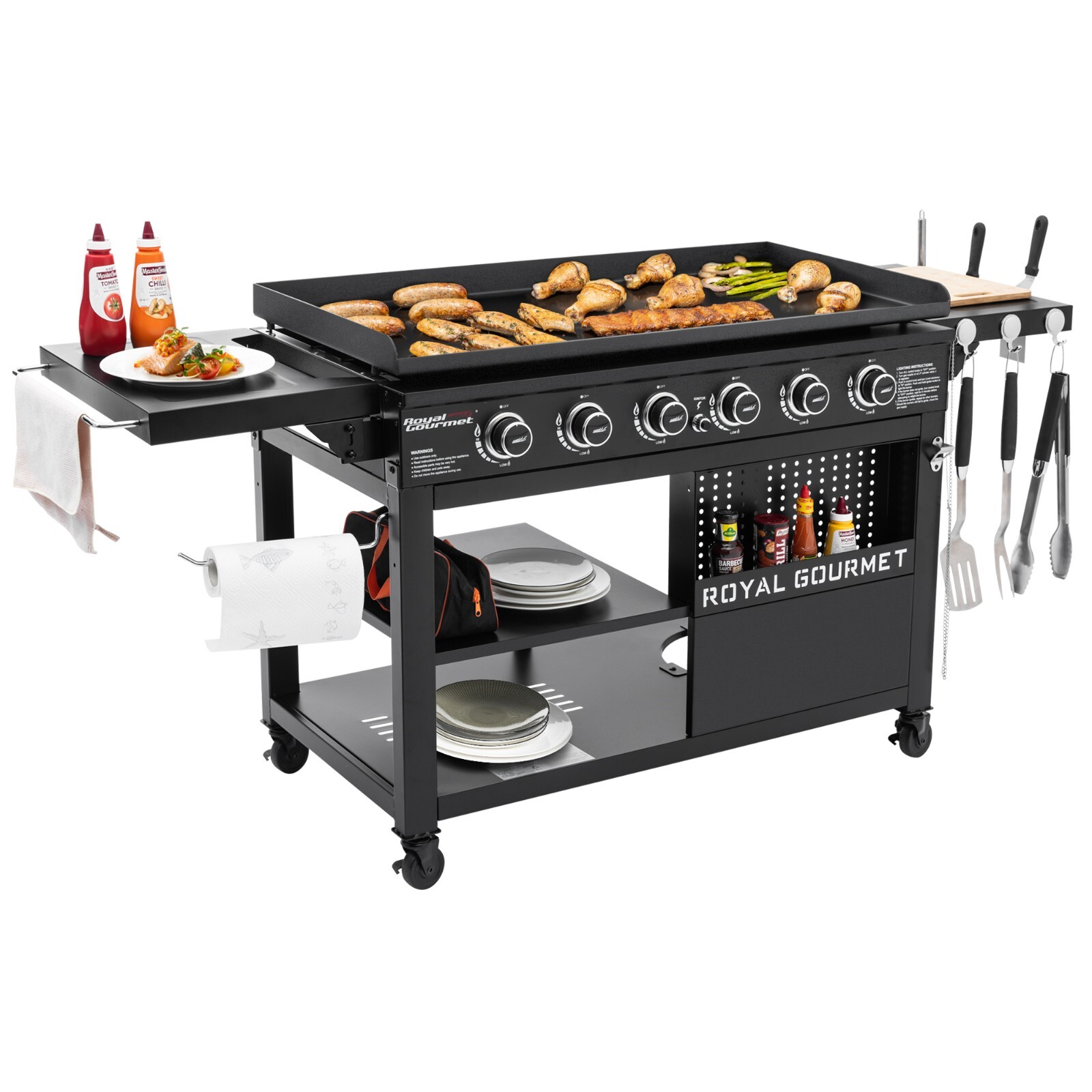 Royal Gourmet 6-Burner Flat Top Gas Grill Griddle,with Foldable Side Shelves