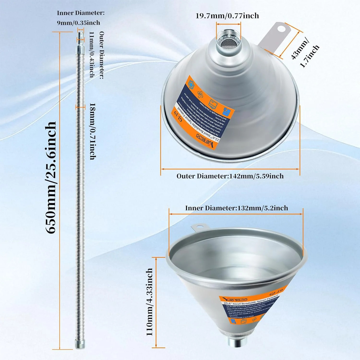 27.56″ Steel Bendable Spout Funnel with Filter for All Automotive Oils, Metal Fl