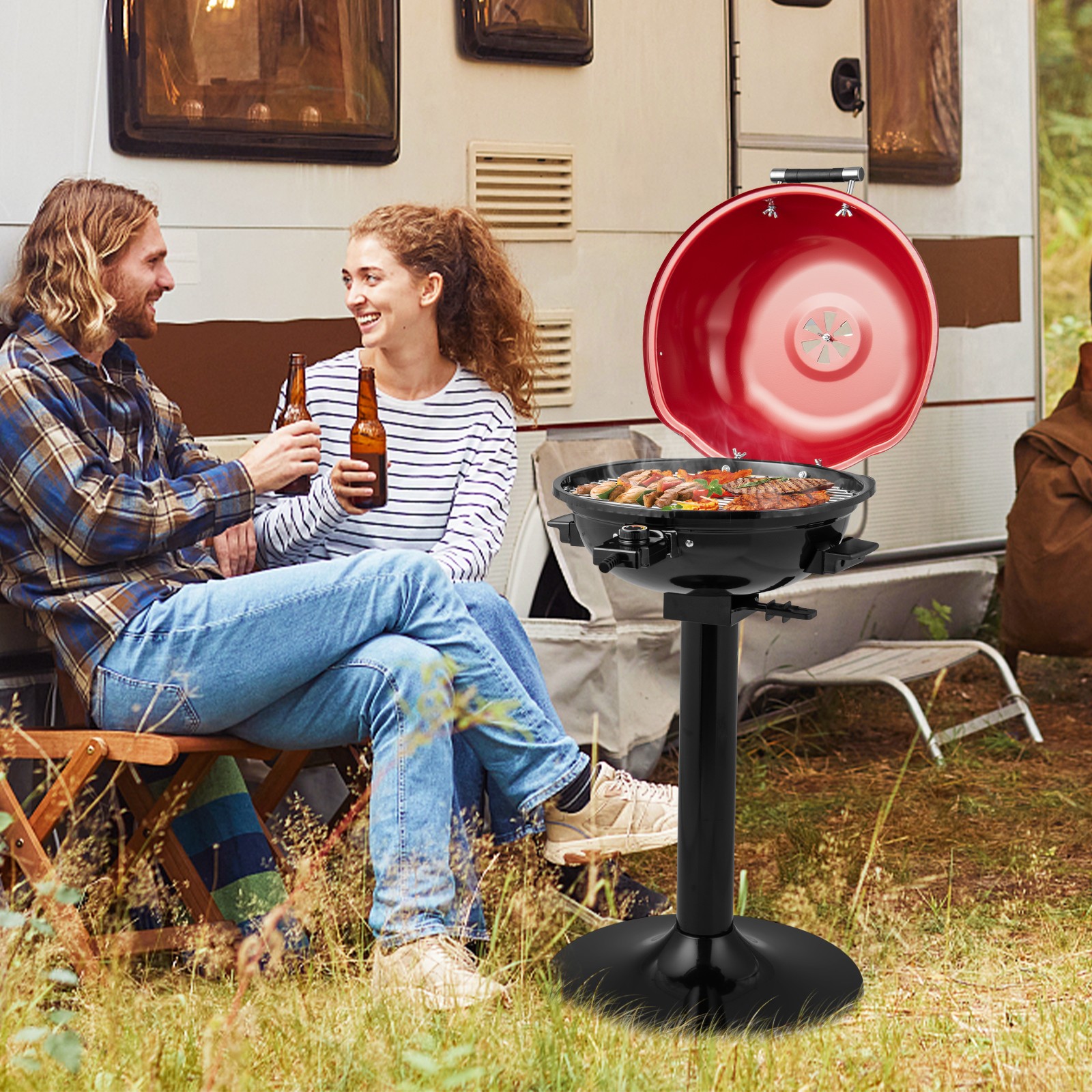 Portable 1600W Electric BBQ Grill w/ Temperature Control & Grease Collector Red