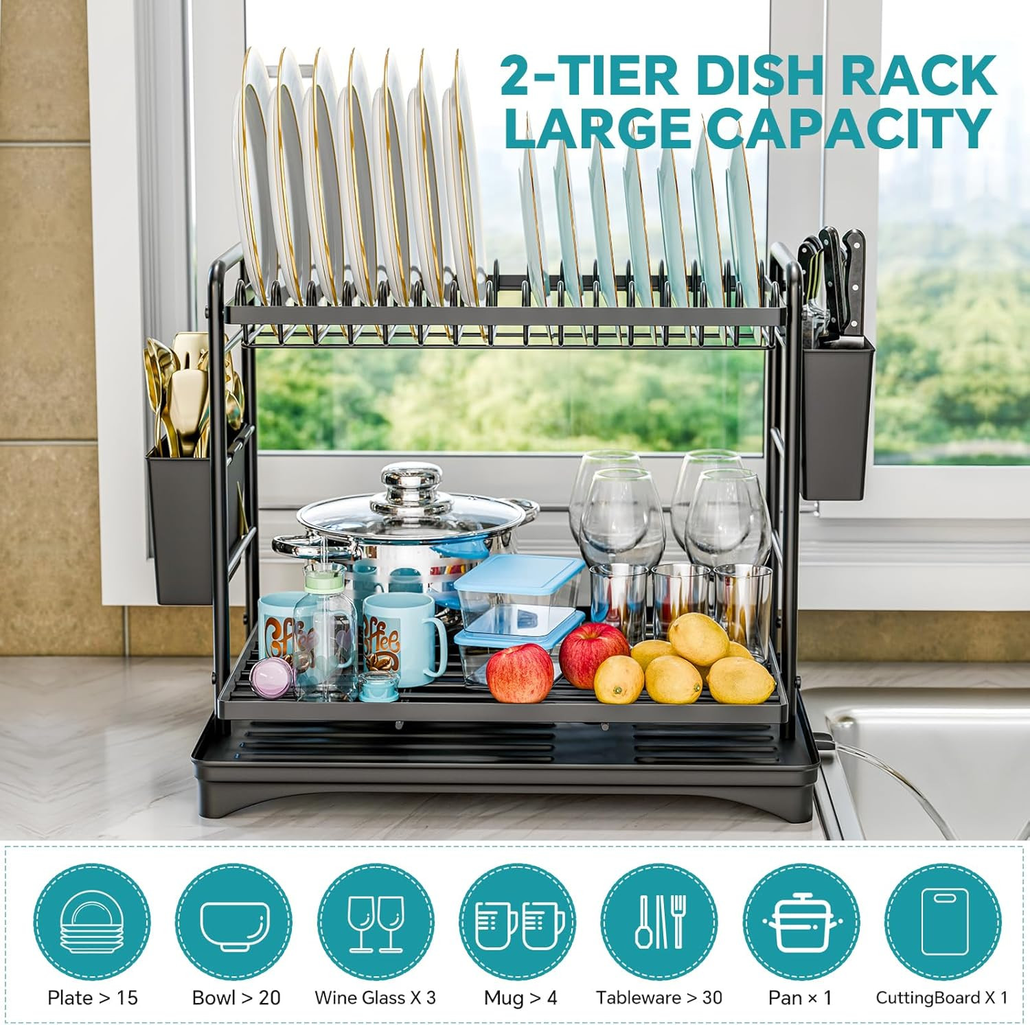 Stainless Steel 2 Tier Dish Rack Holder Kitchen Counter Drainer Board Black 12×1
