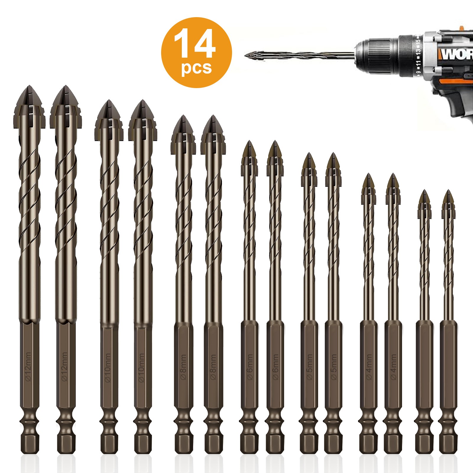 14pcs Carbide Drill Bit Set Four-Blade for Tile Ceramic Glass Marble Concrete