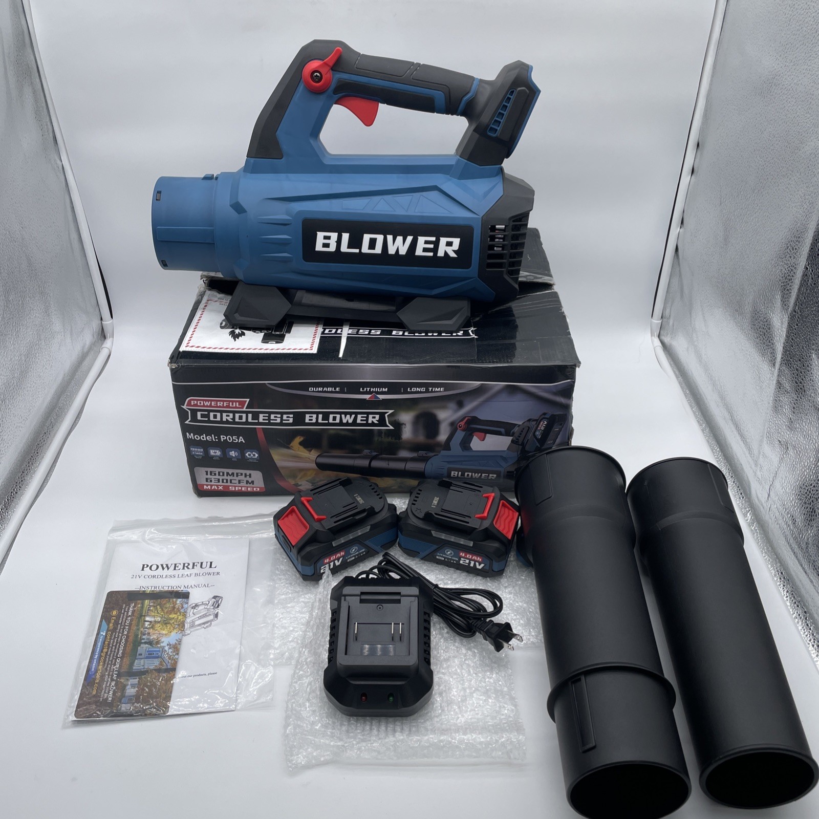 Powerful Cordless Leaf Blower 630CFM/160MPH, 21V 2 Batteries And Charger