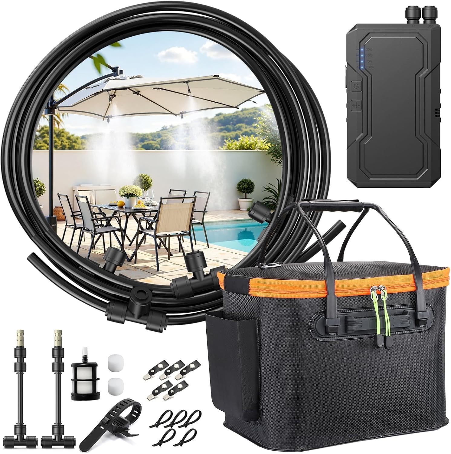 Compact Battery Powered Misting System for Outdoor Cooling