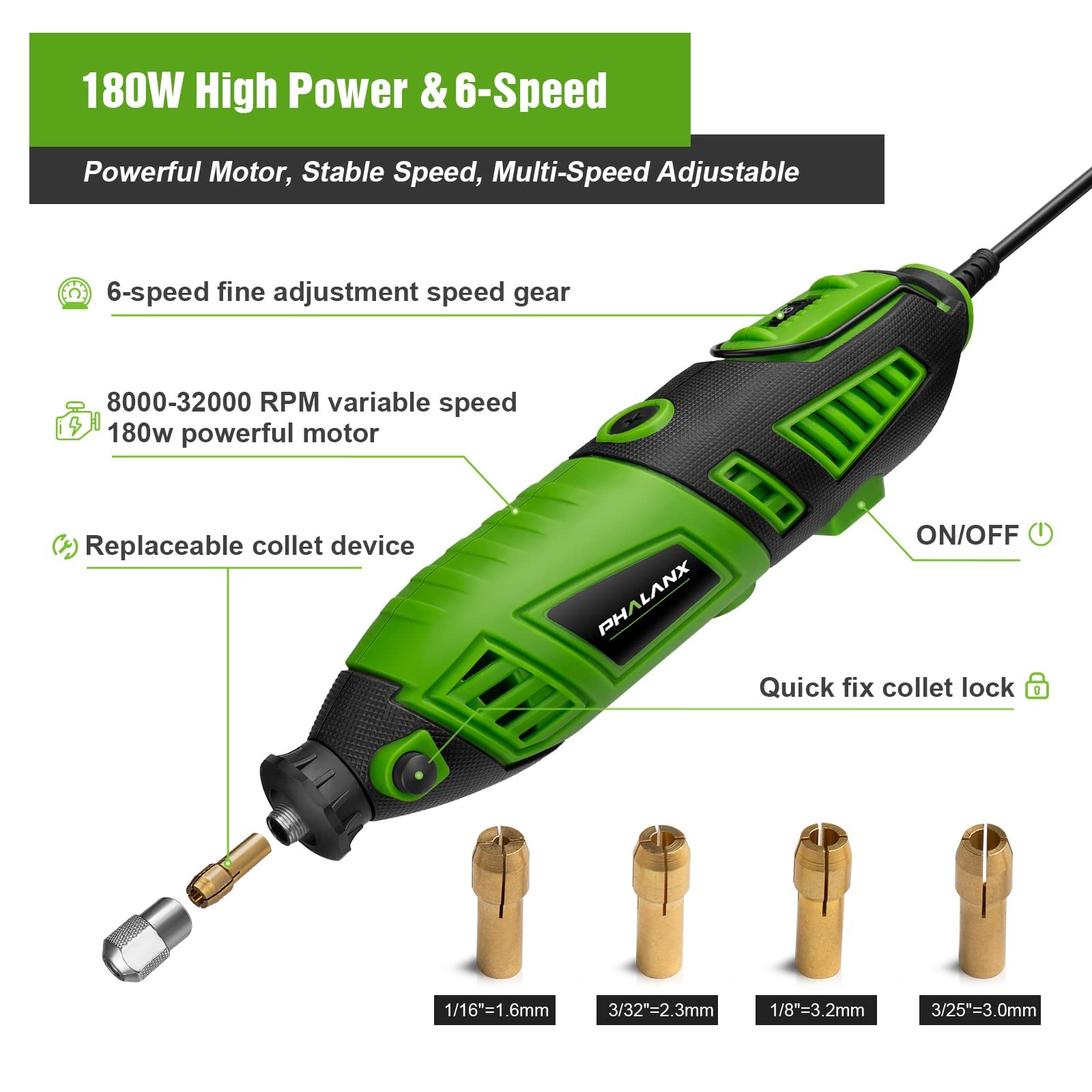 180W Rotary Tool Kit, 1.5-Amp 6 Variable Speed with Flex Shaft, 8000-32000RPM…