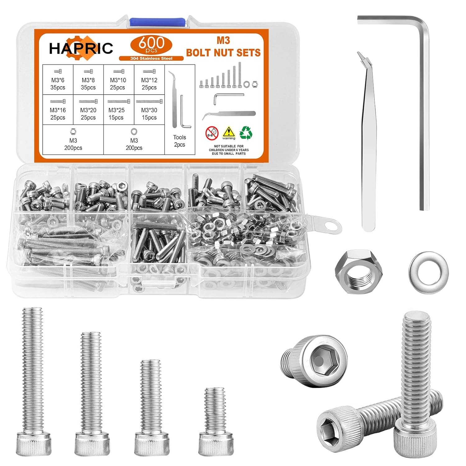 M2 M2.5 M3 M4 M5 M6 Hex Socket Head Screws Nuts Bolts & Washers Assortment Kit