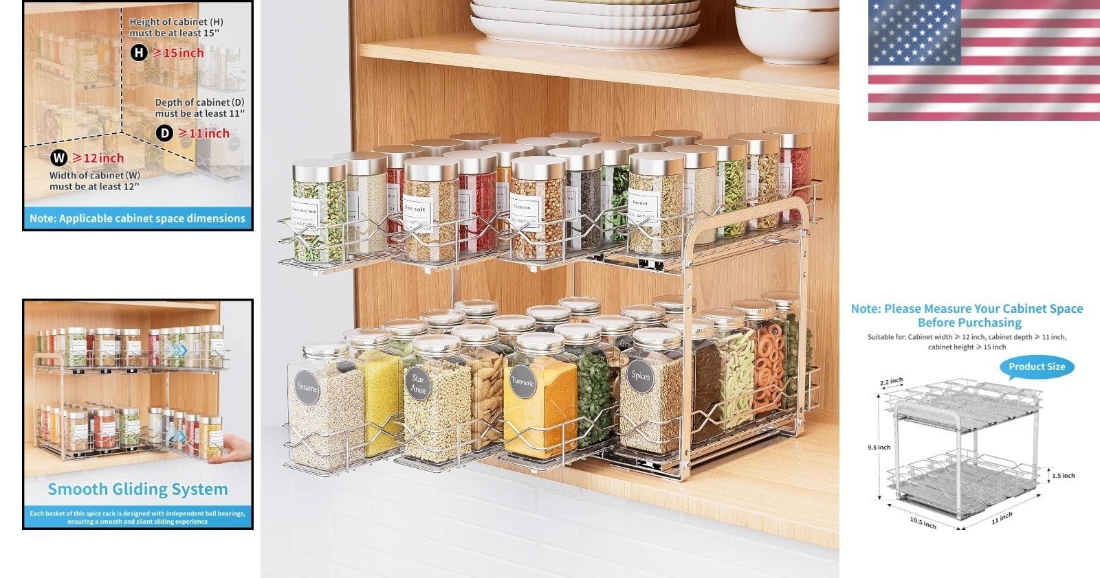 Heavy Duty Chrome Spice Rack Organizer – 2 Tier Pull Out Cabinet Storage, 11″W