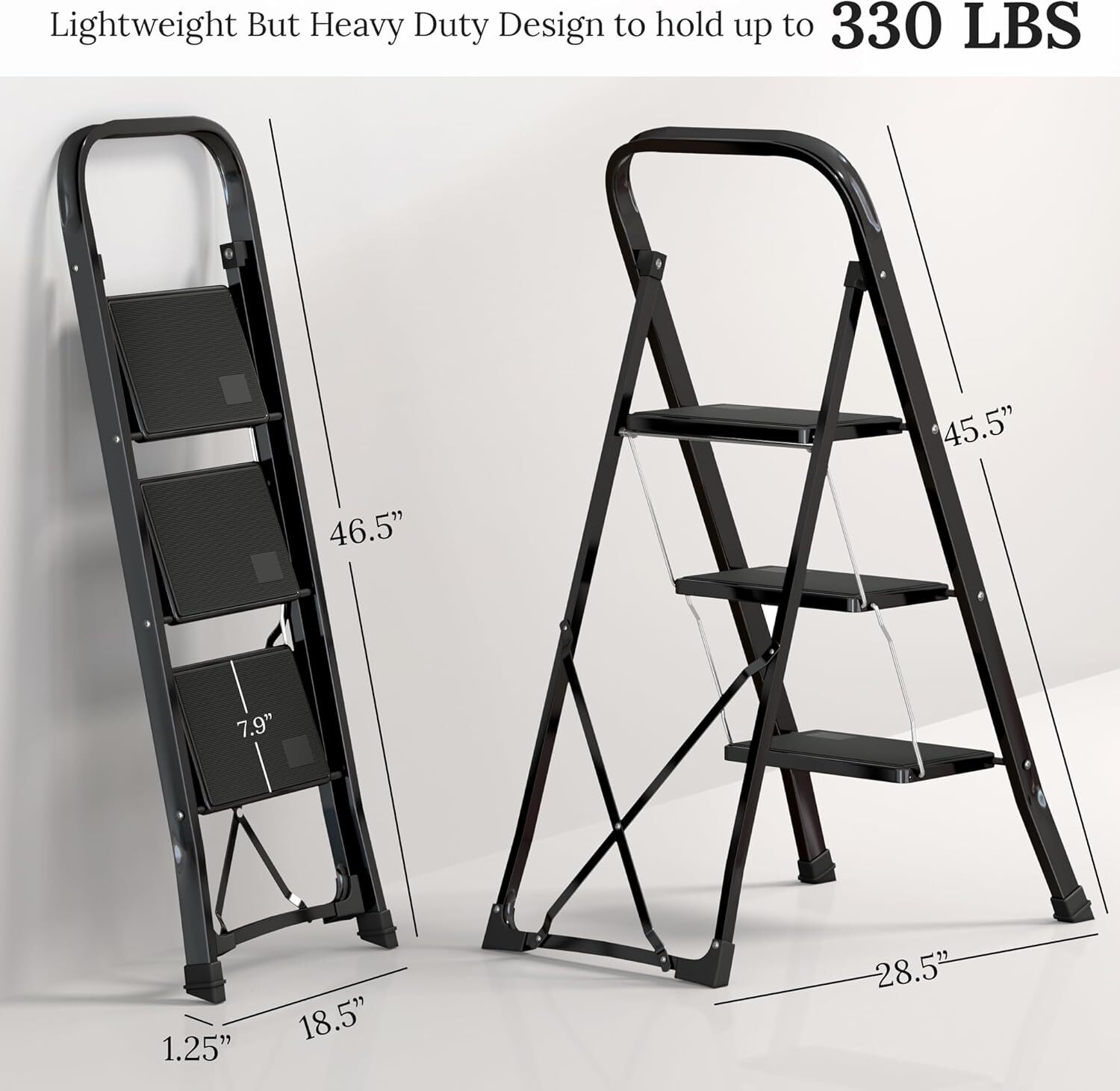 Steel Folding 2/3 Step Stool Ladder Adults With Soft-Grip Handle 330 Lbs White