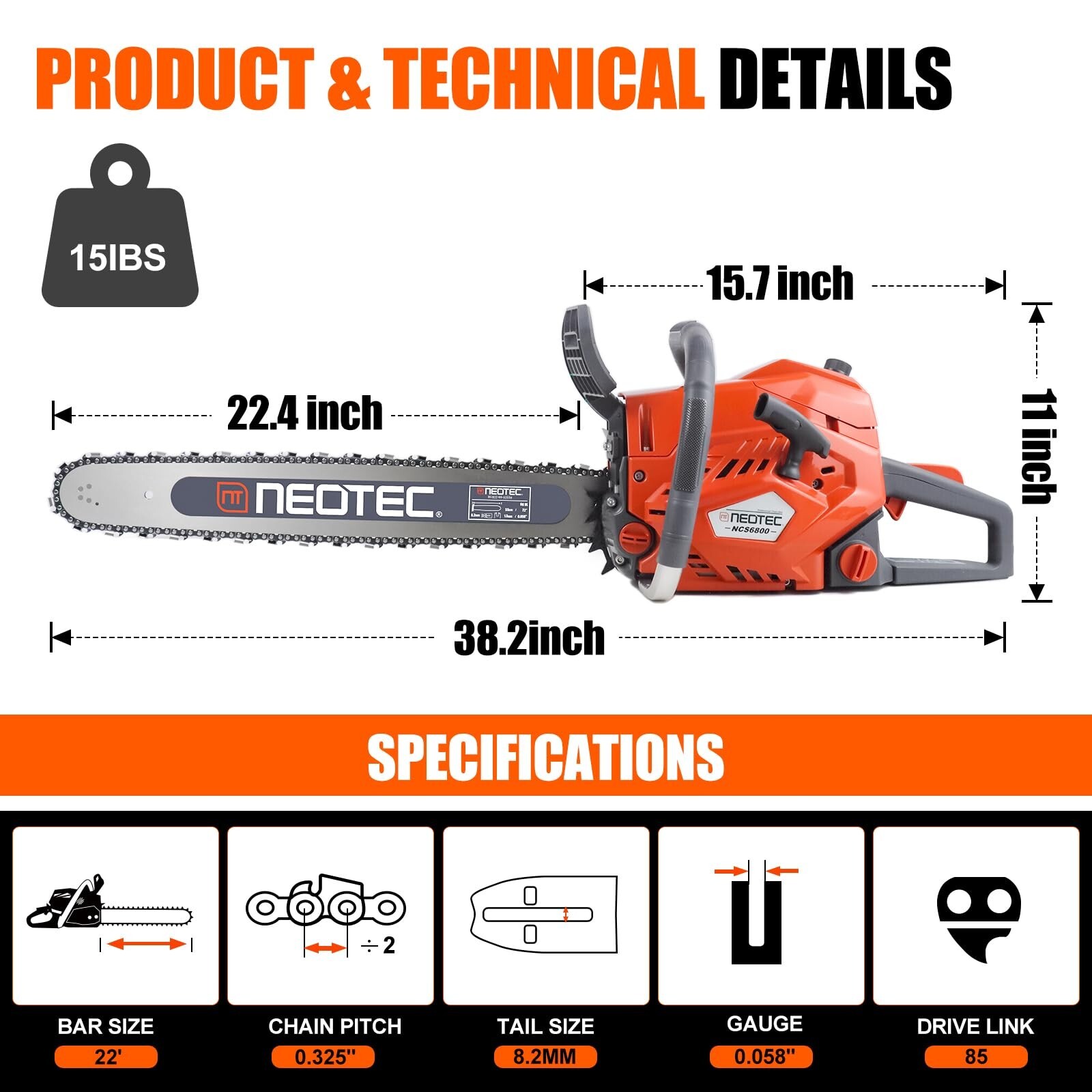 2-Stroke Gasoline Chainsaw 68cc 22”24” Power Engine Wood Cutting Gas Chain Saw